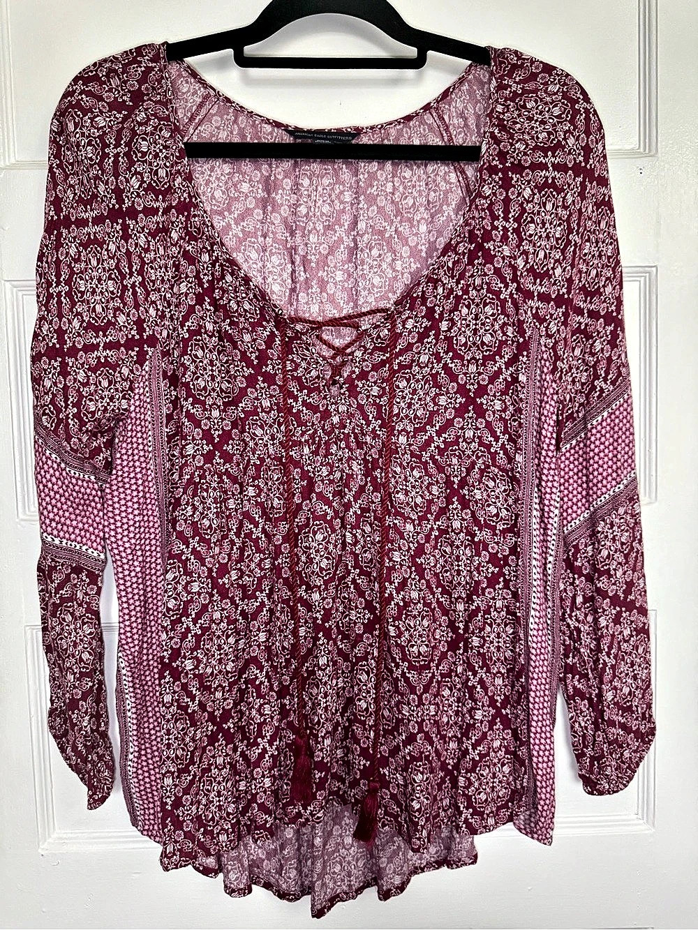 American Eagle Outfitters Burgundy Floral Lace-Up Boho Peasant Blouse M